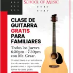 Poster for Daybreak School of Music offering free guitar classes for families every Thursday from 6:30pm–7:30pm with Mr. Cesar. Includes a photo of an acoustic guitar and a welcome message for beginners. Text in Spanish.