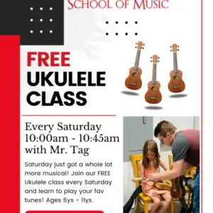 Flyer for Daybreak School of Music offering a free ukulele class every Saturday for ages 6-11. Includes images of three ukuleles and a man teaching a smiling young girl to play. Text and colorful graphic elements are present.