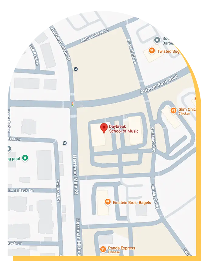 A map showing the location of Daybreak School of Music, with nearby landmarks like Einstein Bros. Bagels and Panda Express, highlights where you can enjoy Step Up music lessons, at the intersection of Anthem Park Blvd and Herriman Main St.