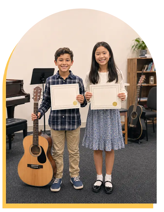 Two smiling children stand indoors holding certificates, likely after music lessons. A boy in a plaid shirt and khaki pants stands next to a girl in a patterned dress. Acoustic guitars and a piano hint at music lessons Citrus Park or Tampa families trust.